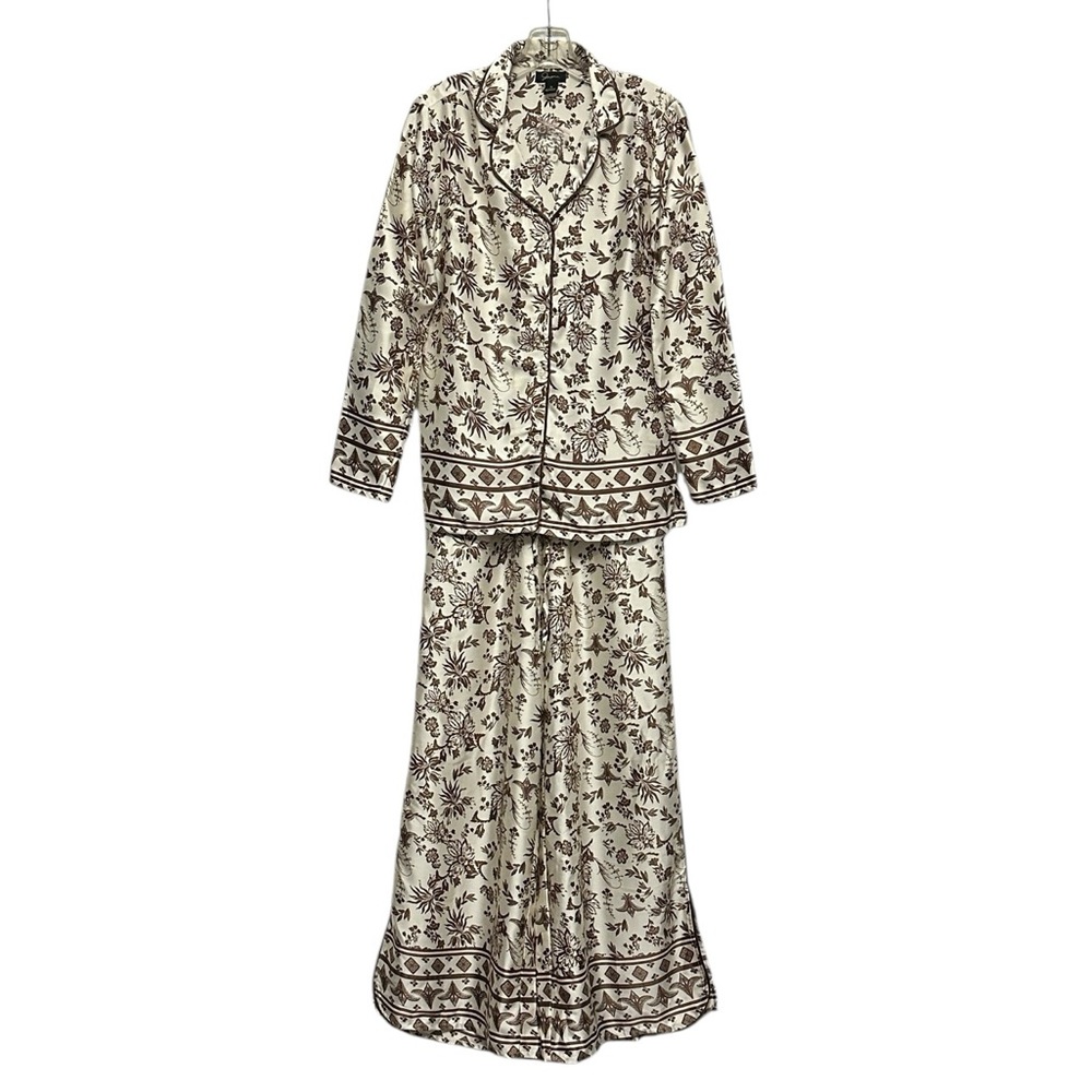 Japna Floral Toile 2-Piece Satin Pajama Set Lounge Wear Brown & Cream Size Small